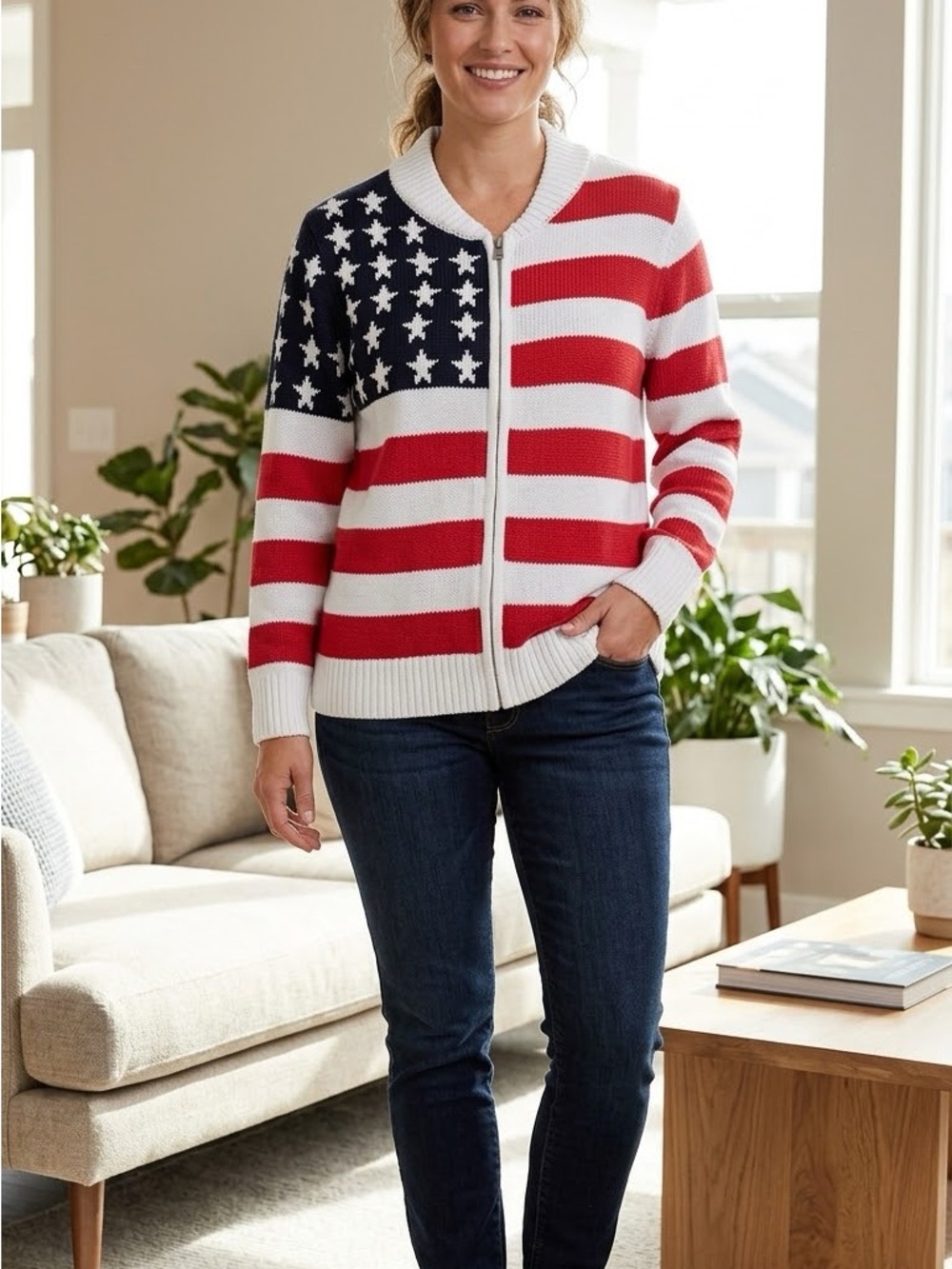 Talbots Women's Zip-Front Flag Knit Cardigan - Red, White & Blue